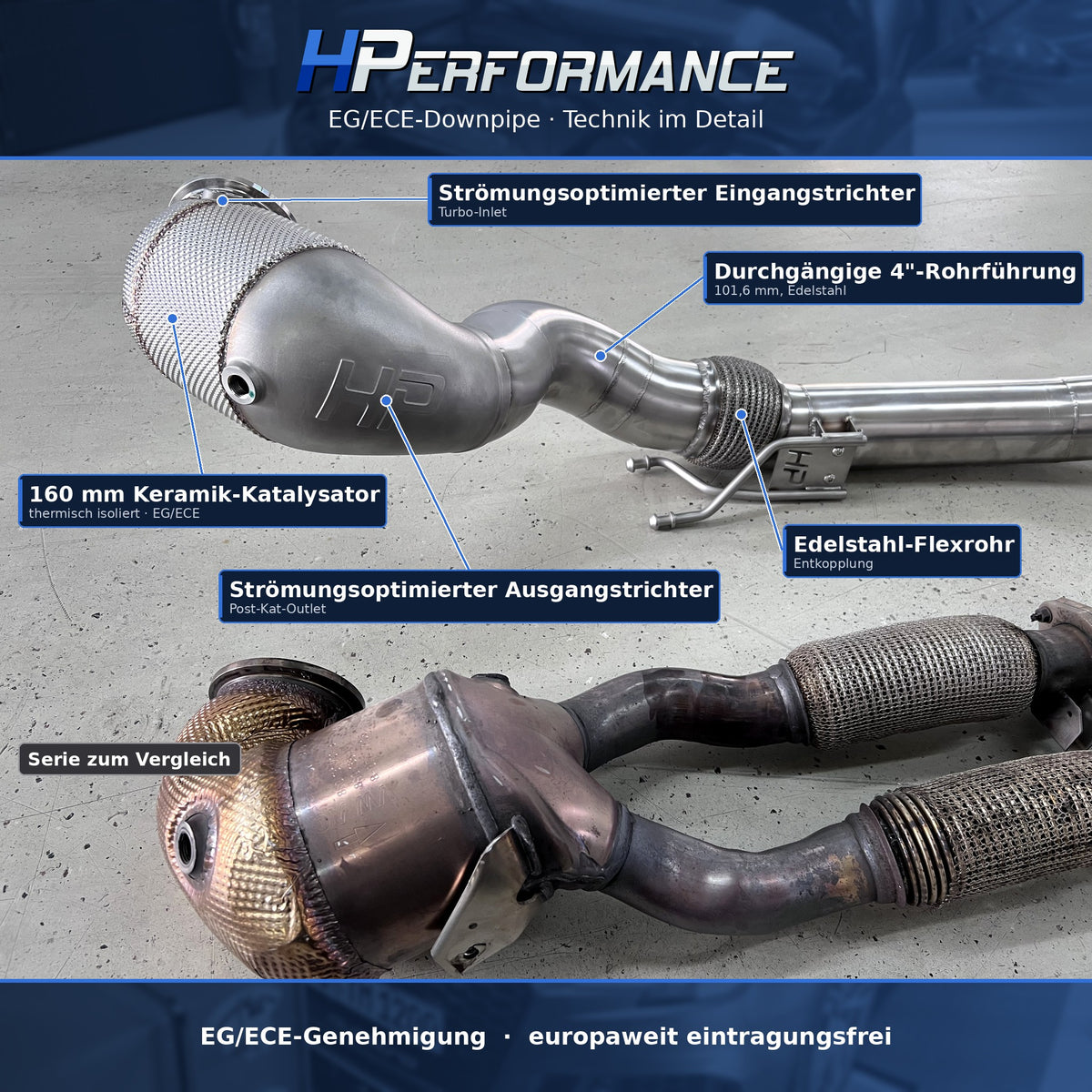 HPerformance Downpipe Details: strömungsoptimierter Ein- und Ausgangstrichter, 160 mm Keramik-Katalysator, 4 Zoll Rohrführung