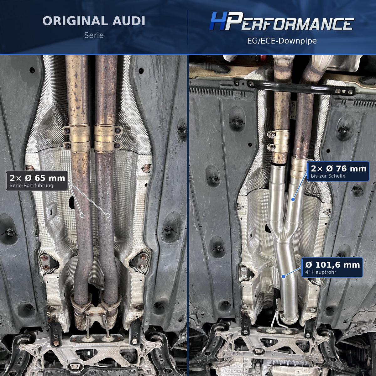 Vergleich Audi Serie Downpipe und HPerformance EG/ECE Downpipe am Unterboden