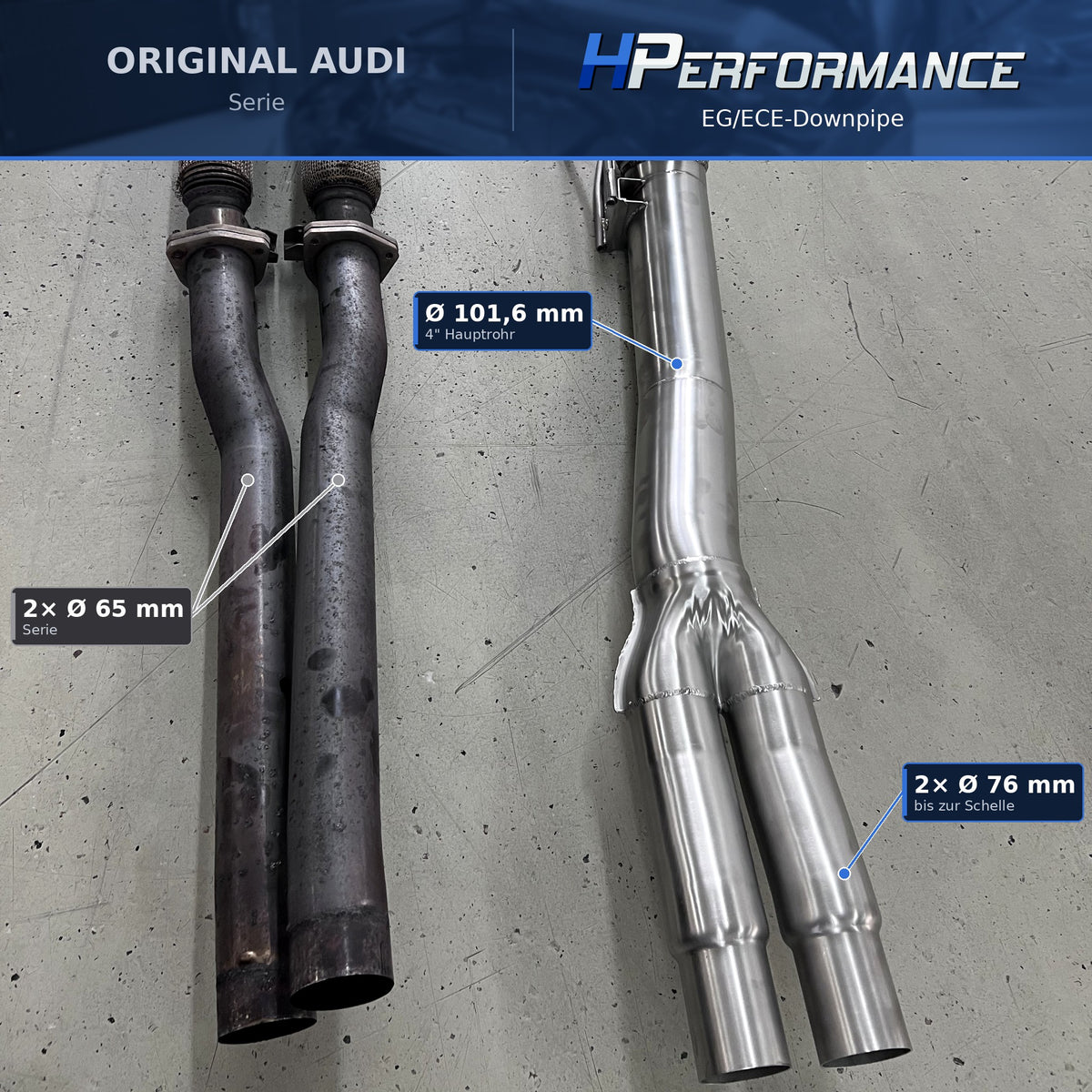 Vergleich Rohrführung Audi Serie und HPerformance EG/ECE Downpipe