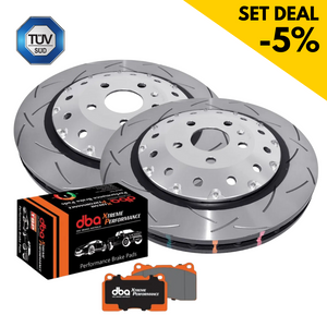 DBA front axle brake set - brake disk + brake pads for Audi TTRS 8S (2x DBA53912SLVS, DB15005XP)