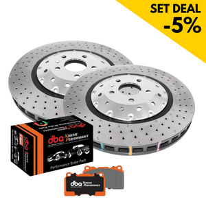 DBA Vorderachs Bremsen Set gelocht - Bremsscheibe + Bremsbeläge für Audi RS3 8V FL  - Limousine (2x DBA53004SLVXD, DB15005XP)