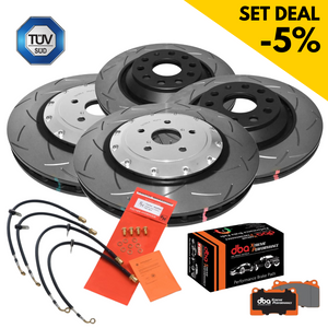 DBA Komplett Set - Vorderachse + Hinterachse - Bremsscheiben + Bremsbeläge für Audi RSQ3 8U (2x DBA52836SLVS, DB15005XP, 2x DBA42809S, DB15006XP)